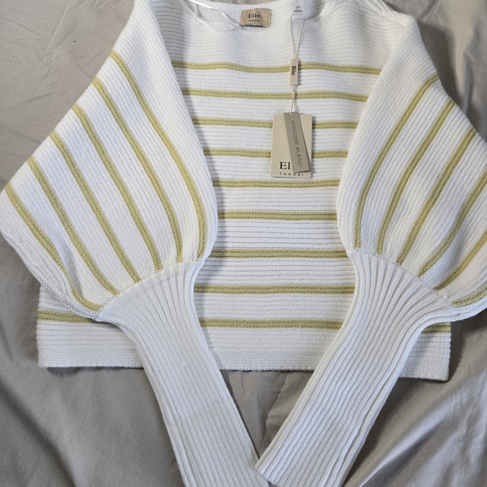 Elie Tehari White Lemongrass Stripe Puff Sleeve Sweater Size S/P New with Tags